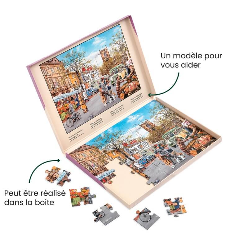 Un puzzle qui peut être réalisé dans sa boite avec un modèle pour vous aider.