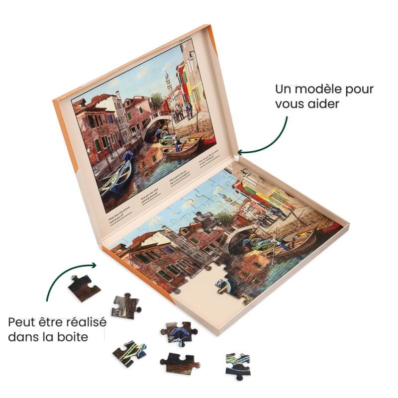 Un puzzle qui peut être réalisé dans sa boite avec un modèle pour vous aider.