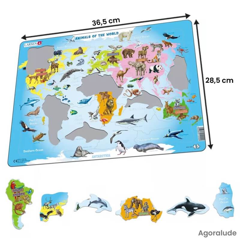 Puzzle grande taille avec contour. Larges pièces pour aider. Animaux du monde