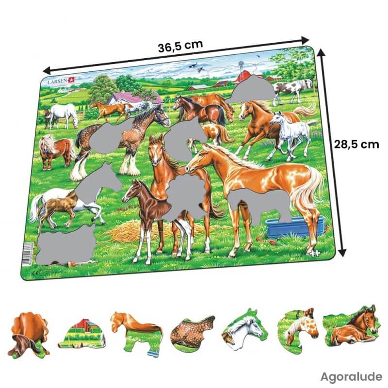 Puzzle grande taille avec contour. Larges pièces pour aider. Chevaux dans les prés