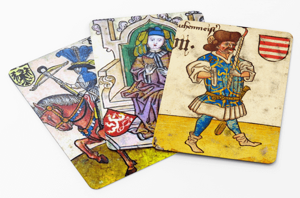 Dans ce jeu ayant appartenu au roi de Hongrie, les enseignes ne sont pas le pique, le cœur, le trèfle et le carreau mais les armoiries des royaumes de France, Allemagne, Bohême et Hongrie. histoire du jeu de carte